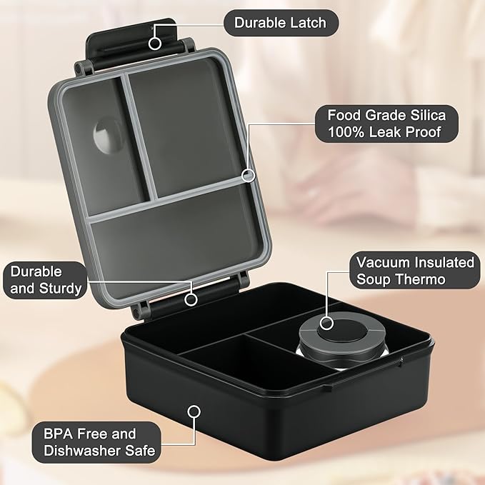 Bento Lunch Box for Kids with 8oz Soup Thermo&Lunch Bag, Leak-Proof Lunch Food Containers with 4 Compartment, Hot Food Insulated Food Jar for Kids School (Black)-CubbioJoy