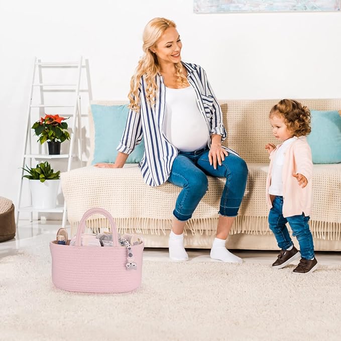 Baby Diaper Caddy Organizer for Girl Boy Rope Nursery Storage Bin Basket Portable Holder Tote Bag for Changing Table Car Travel Baby Shower Gifts Newborn Essentials Registry Must Have Items Pink-CubbioJoy