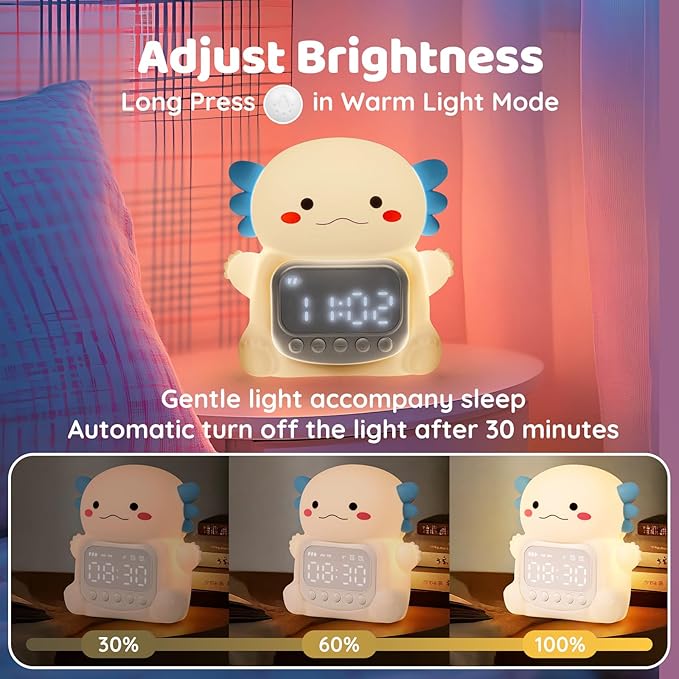 Axolotl Alarm Clock with Night Light for Kids, Rechargeable Silicone Lamp Time to Wake Clock Cute Animal Tabletop Lamp, Perfect Sleep Companion for Boys Girls, White-CubbioJoy