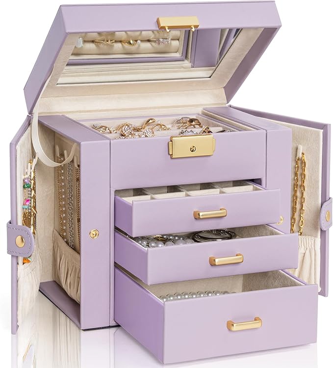 AKOZLIN 4-Tier Jewelry Box Leather Jewelry Storage Organizer with 3 Drawers Lockable for Women Girls Ring Necklace Earring Bracelet Holder with Mirror Purple-CubbioJoy