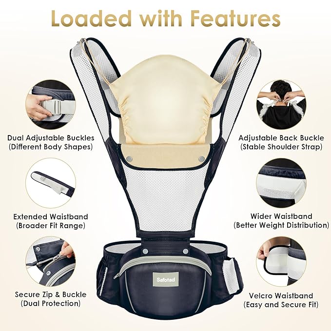 Baby Carrier Newborn to Toddler, Lightweight Ergonomic Baby Hip Seat Carrier Up to 33lbs, Adjustable Extended Waistband Infant Carrier with Breathable Sunshield, Navy Blue-CubbioJoy