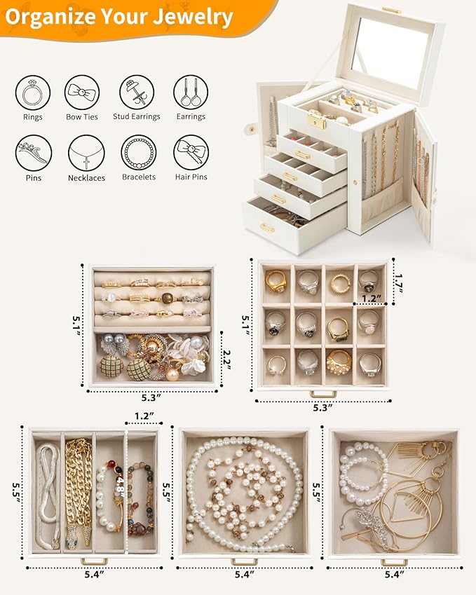 AKOZLIN 5-Tier Jewelry Box Leather Jewelry Storage Organizer with 4 Drawers Lockable for Women Girls Ring Necklace Earring Bracelet Watches Holder with Mirror White-CubbioJoy