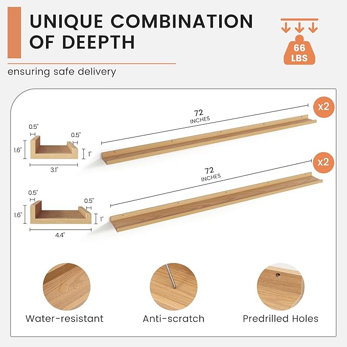 4-Pack 72 Inch Wall Mounted Floating Picture Ledge Shelves, Modern Oak Style, Perfect for Displaying Photos, Books, Collectibles, and More-CubbioJoy