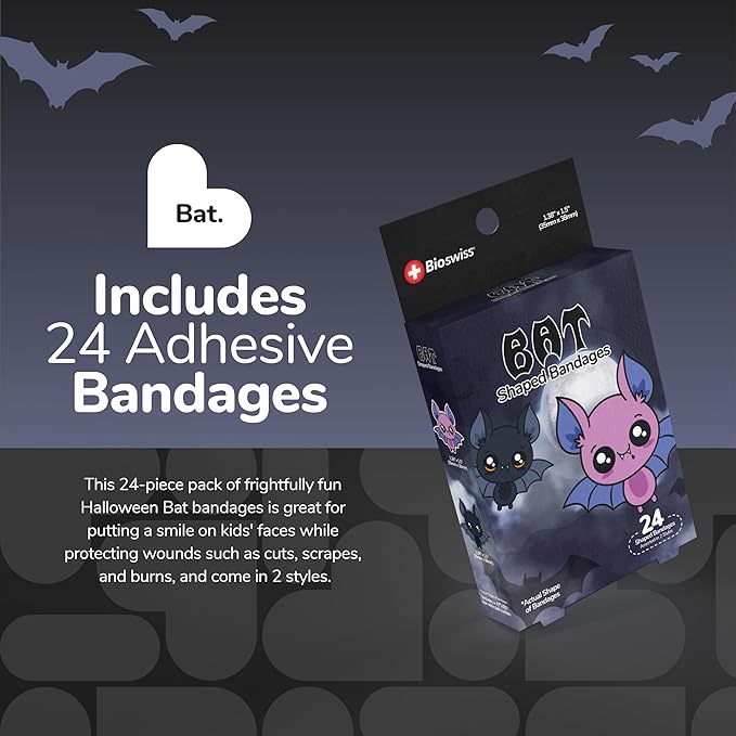 BioSwiss Bandages, Halloween Bat Shaped Self Adhesive Bandage, Latex Free Sterile Wound Care, Fun First Aid Kit Supplies for Kids, 24 Count-CubbioJoy