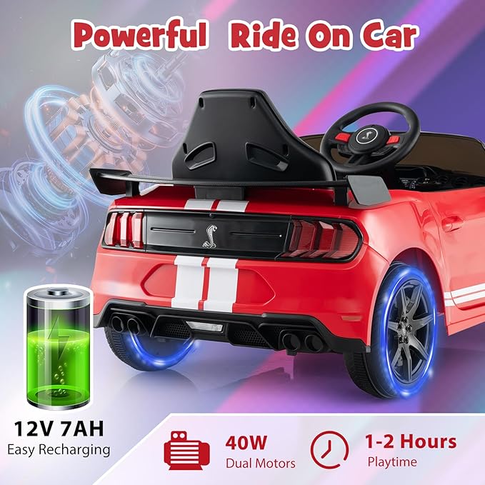 Costzon Ride on Car, 12V Licensed Ford Mustang Shelby GT500 Kids' Electric Vehicles w/Remote Control, USB Port, Radio, Music, Player, High Low Speed & Soft Start, Racing Kids Car for Toddlers (Red)-CubbioJoy