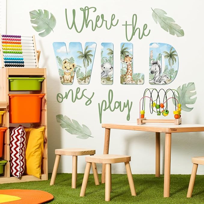 27.95x21.65 Inches Watercolor Wild Jungle Animal Wall Decals - Forest Safari Removable Stickers for Baby's Nursery, Playroom, Bedroom, Classroom - Tiger, Elephant, Giraffe Decor-CubbioJoy