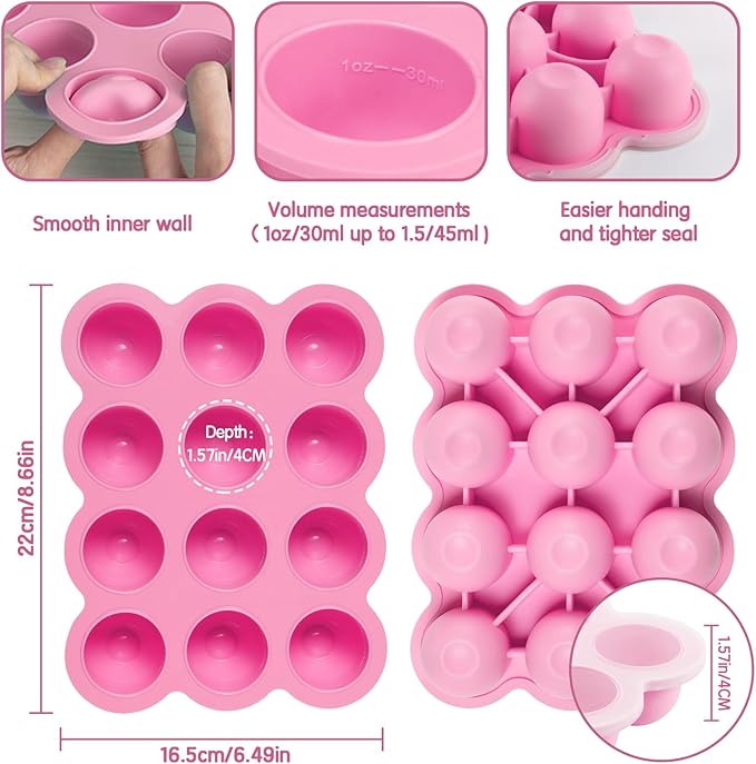 Baby Food Storage 12 x 1.5OZ Silicone Freezer Tray with Lid, Food Grade Silicone Containers for Purees & Vegetables Pink-CubbioJoy