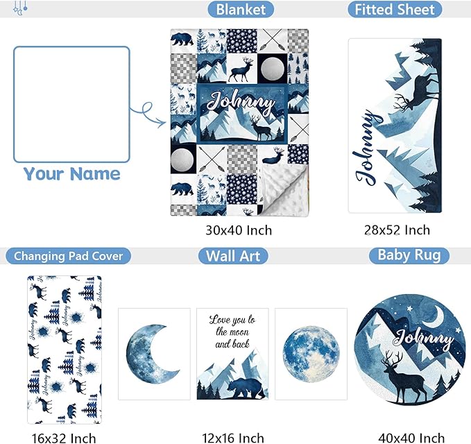 Custom 5-Piece Baby Crib Bedding Set, Personalized Name for Toddlers, Blue Deer Nursery Set for Boy Girl, Double Layer Infant Crib Set, Customized Gifts-CubbioJoy