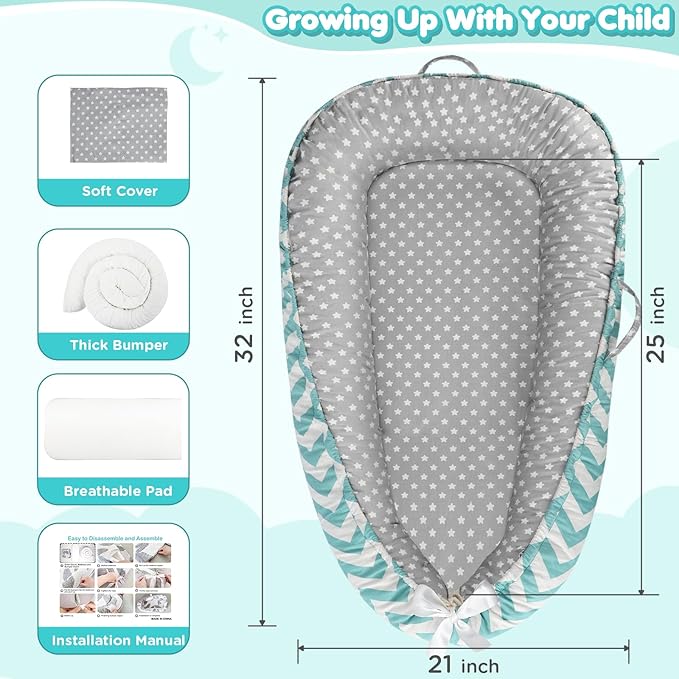 Baby Lounger - Baby Lounger for Newborn 0-24 Months, Breathable and Soft Cotton Cover Baby Nest, Portable Cozy Tummy Time Lounger for Home and Travel, Ideal Baby Essentials & Shower Gifts-CubbioJoy