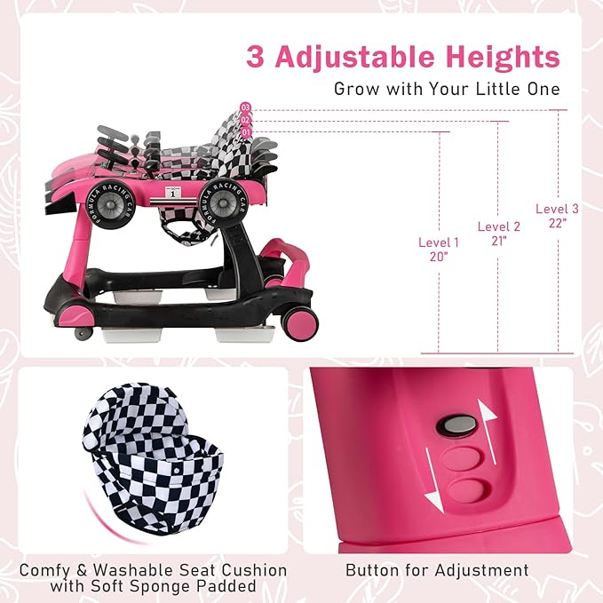 BABY JOY 4-in-1 Baby Walker, Foldable Activity Walker with Adjustable Height & Speed, Music, Lights, Steering Wheel, Comfy Seat Cushion, Activity Baby Push Walker for Boys Girls Aged 6 –18 (Pink)-CubbioJoy