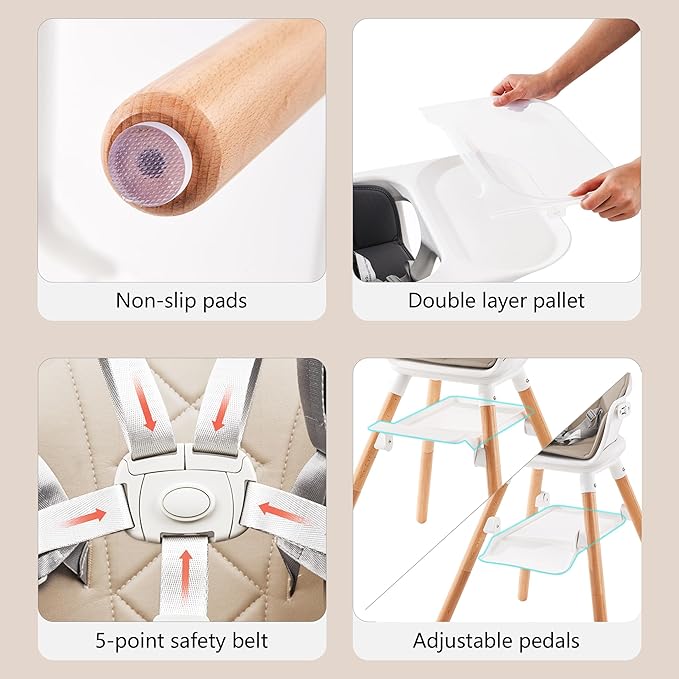 Baby High Chair, Highchair for Baby & Toddler, Easy Clean Infant Highchair, 6 in 1 Feeding High Chair with Removable Double Tray and Waterproof PU Cushion, Wooden Legs, Champagne-CubbioJoy