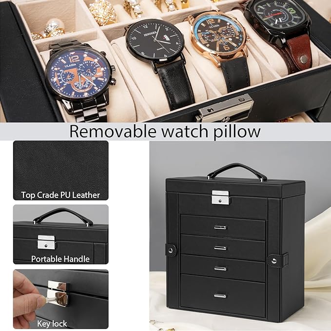 AKOZLIN 5-Tier Jewelry Box Lockable Leather Jewelry Storage Case with 4 Drawers for Women Girls Ring Necklace Earring Bracelet Watches Holder Organizer with Mirror-CubbioJoy