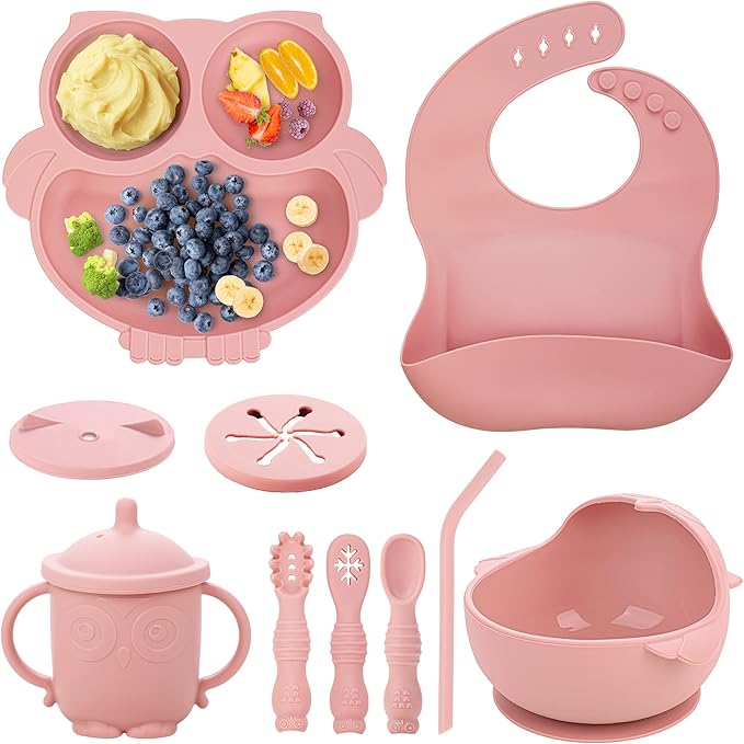 Baby Weaning Set - Silicone Toddler Feeding Set (10 Pcs) with Adjustable Bib, Suction Bowl, Plate, Fork, Spoon, Water & Snack Cup Kit - Baby Led Weaning Kit-CubbioJoy