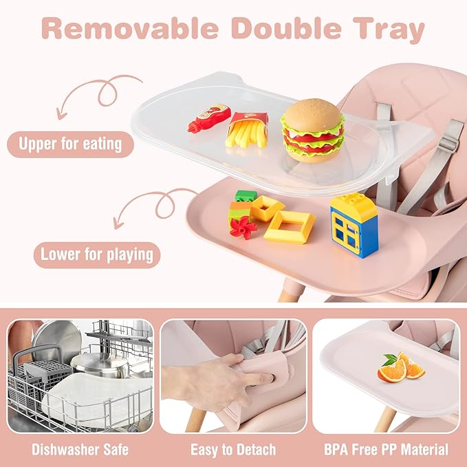 BABY JOY Baby High Chair, 6 in 1 Convertible Wooden High Chair for Babies & Toddlers with Adjustable Legs, Double Removable Tray, Safety Harness & Waterproof PU Cushion (Pink)-CubbioJoy