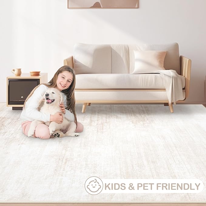 Area Rugs 5x7 Living Room: Washable Rug Modern Abstract Large Rug Soft Non Slip Neutral Rug Stain Resistant Indoor Carpet for Bedroom Kitchen Dining Room Table Nursery Home Office Rugs(Beige,5'x7')-CubbioJoy