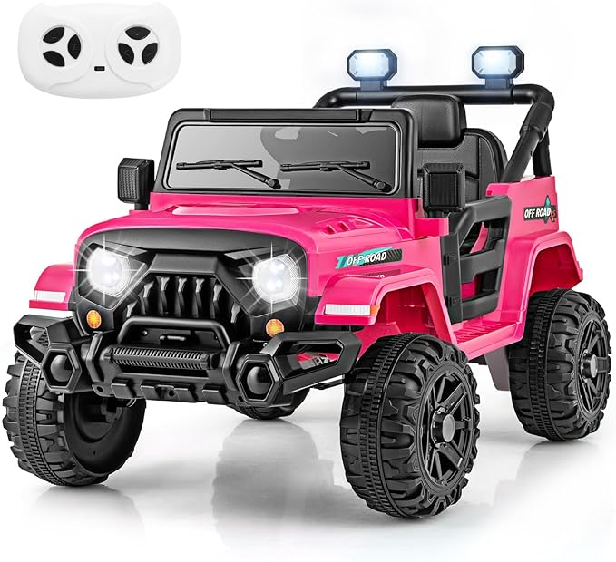Costzon 12V Kids Ride on Truck Car, Electric Vehicle w/Remote Control, Threaded Wheels, 3 Speeds, LED Lights, Music, Horn & Wireless Connection, Battery Powered Ride on Toy for Boys & Girls 3+ (Pink)-CubbioJoy