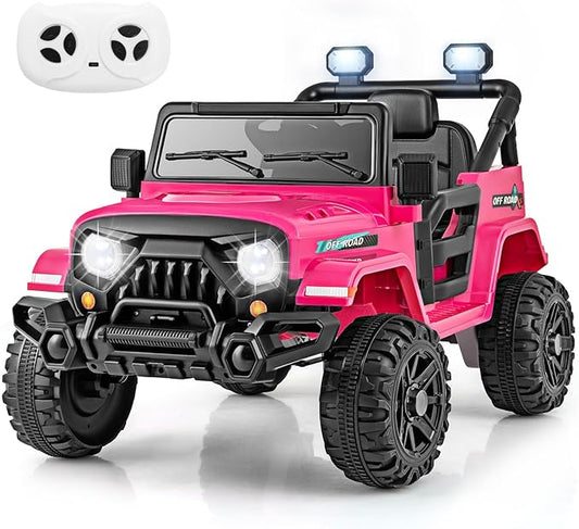 Costzon 12V Kids Ride on Truck Car, Electric Vehicle w/Remote Control, Threaded Wheels, 3 Speeds, LED Lights, Music, Horn & Wireless Connection, Battery Powered Ride on Toy for Boys & Girls 3+ (Pink)-CubbioJoy