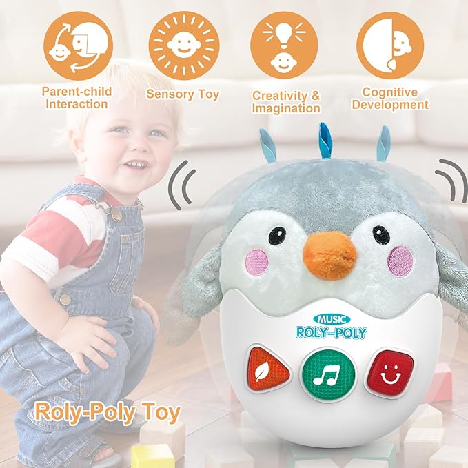 Infant Toys 0-3-6-12 Months Shower Gifts, Plush Cute Stuffed Animal Penguin Musical Baby Tummy Toys with Light & Sounds, Roly-Poly Easter Birthday Gift for Newborn Boys & Girls-CubbioJoy