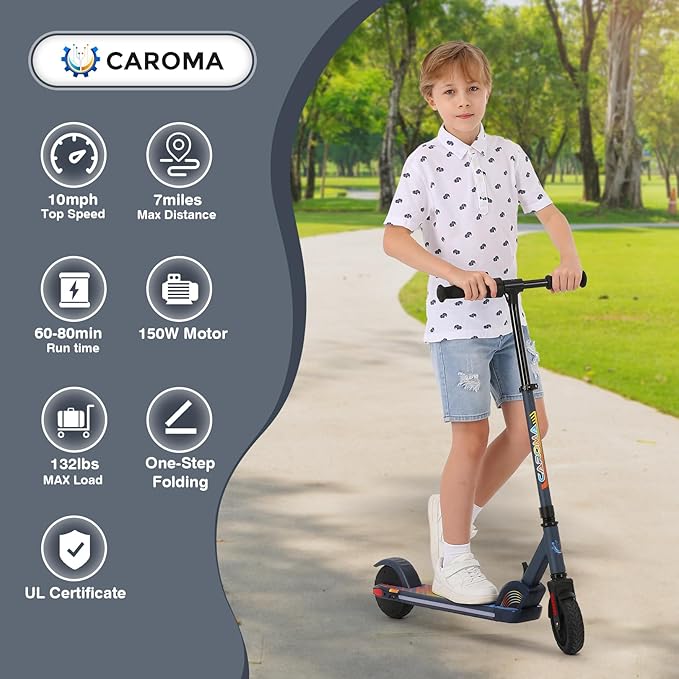 Caroma Electric Scooter for Kids Ages 6-12,150W/180WMotor,10 MPH Max Speed & 7 Miles,Colorful Lights,Adjustable Height & Speed,LED Display,Foldable Kids Electric Scooter 132 Lbs Max Load,Idea Gift-CubbioJoy