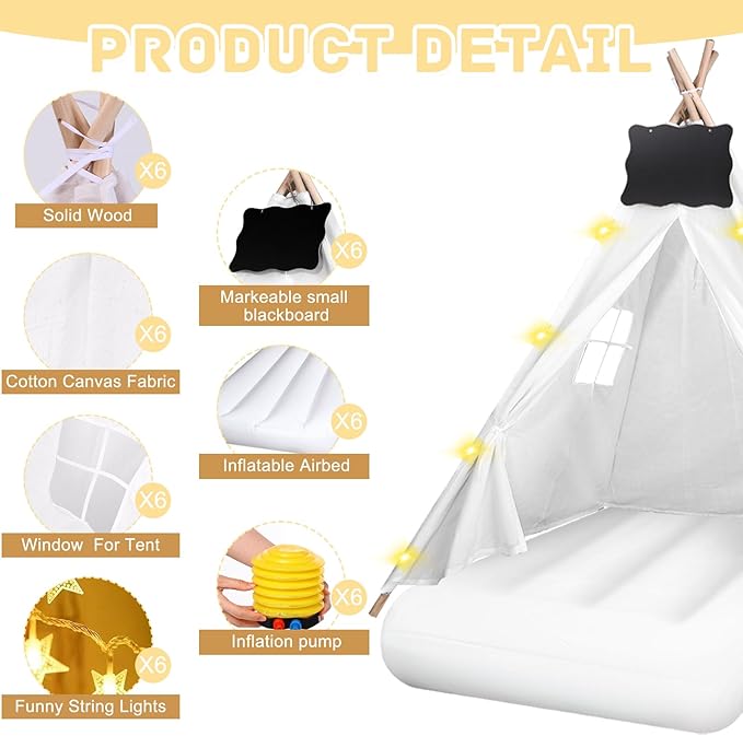 6 Pcs Kids Teepee Tent Bulk with Light String Inflatable Airbed Bedding Fitted Sheet and Markeable Small Blackboards for Boys Girls Indoor Outdoor Slumber Party (White)-CubbioJoy