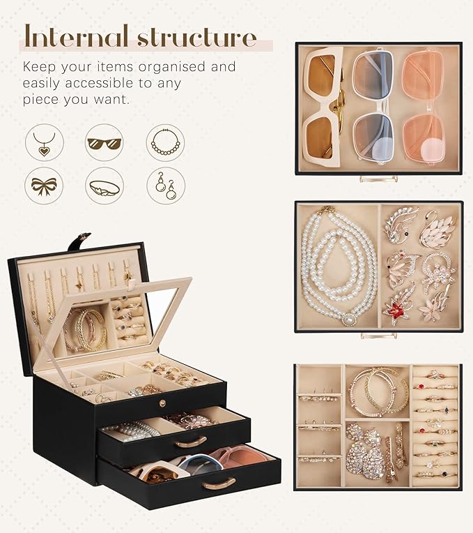 Black Jewelry Box Organizer: Home Decor for Women - 2-Drawer Holder for Valentine’s Day Birthday Christmas Black Gold-CubbioJoy