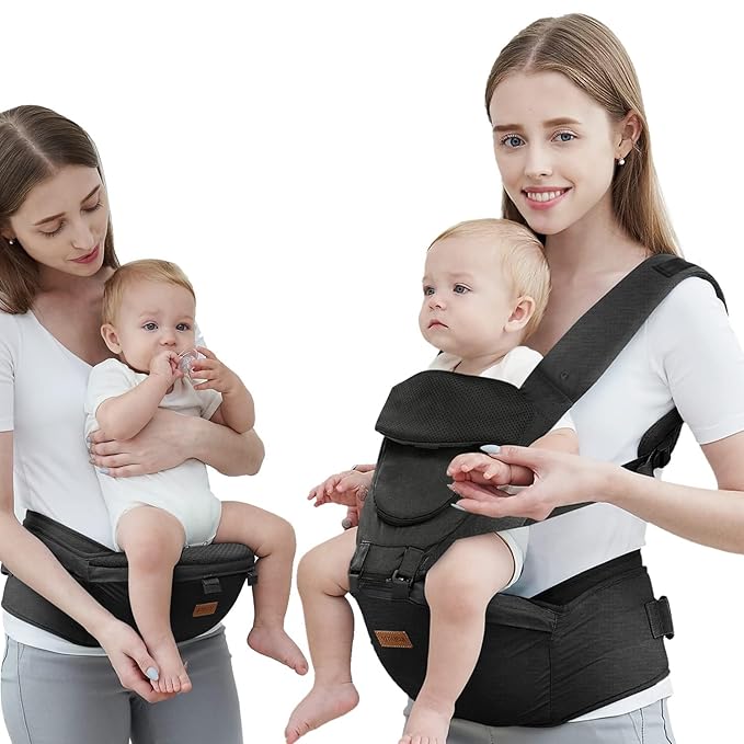 Baby Carrier with Hip Seat, Baby Carrier Newborn to Toddler, 6-in-1 Ways to Carry, All Seasons, Adjustable Baby Holder Carrier for Breastfeeding(Black)-CubbioJoy