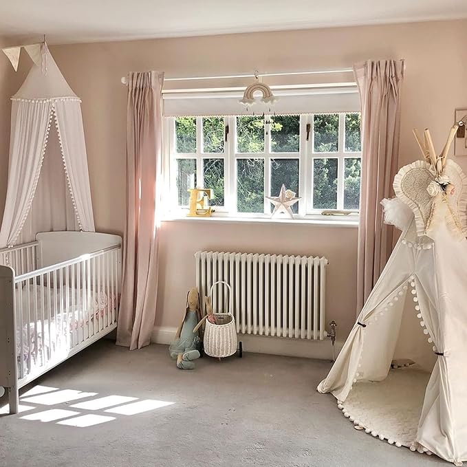Bed Canopy with Pom Pom Cotton Canopy for Kids Crib Baby Girl Netting Cover Canopy Crib Curtain Reading Nook Hanging Tent Nursery Play Game Castle Room Decoration (White)-CubbioJoy