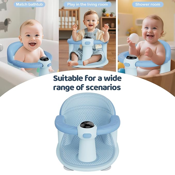 Baby Bath Seat-for Babies 6 Months & up, Water Temperature Display+Soft Cushion, Non-Slip Toddler Bath Seat for Baby, Sit Up Bath Seat for Baby, Blue-CubbioJoy