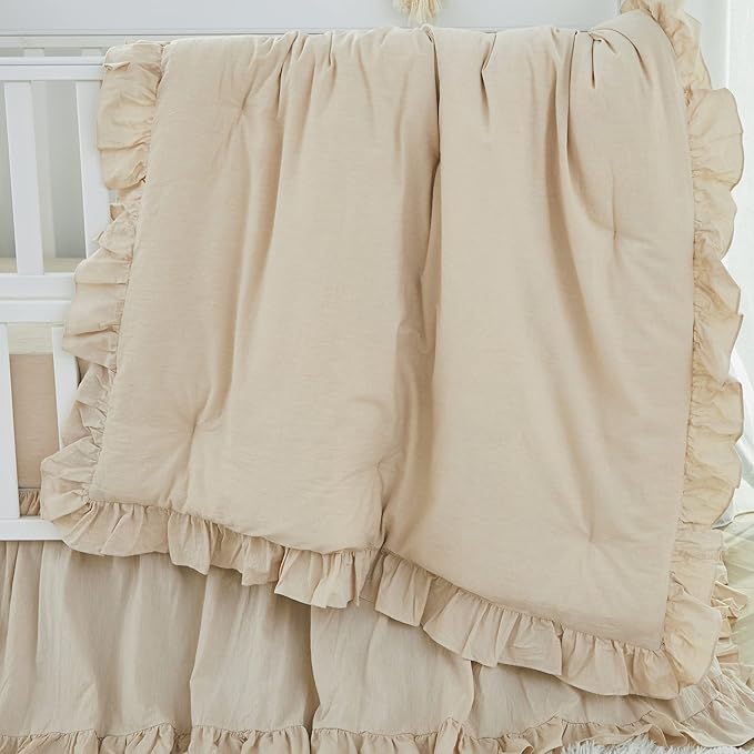 Brandream Gender Neutral Boho Bohemian Baby Girl Boy Nursery Crib Bedding Set 3 Pieces Solid Beige Farmhouse Chic Ruffle Unisex Cozy 100% Washed Cotton-CubbioJoy