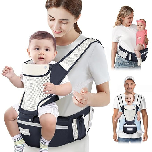 Baby Carrier Newborn to Toddler, Lightweight Ergonomic Baby Hip Seat Carrier Up to 33lbs, Adjustable Extended Waistband Infant Carrier with Breathable Sunshield, Navy Blue-CubbioJoy
