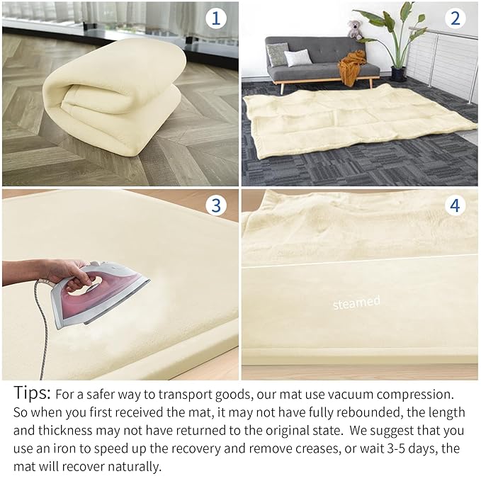 Baby Play Mat for Floor, 1.3" Thick Elasti-Foam 50x50 Playpen Mat for Toddlers Infant Kids,Water-Repellent Soft Velvet for Tummy Time, Non-Slip Backing for Crawling, Tatami Style(Vanilla)-CubbioJoy