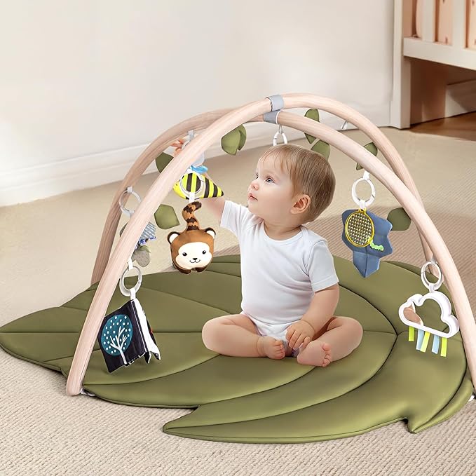 Infant Activity Center for Newborn to Develop Motor Cognition Leaves Leaf-Shaped Baby Play Gym & Activity Mat Extra Large Tummy Time Mat with 8 Detachable Toys-CubbioJoy