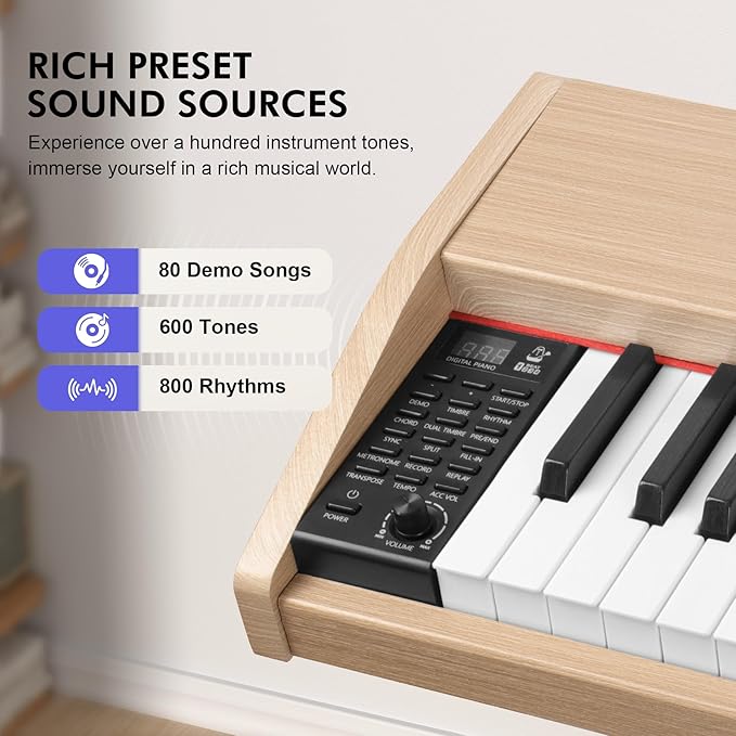 Digital Piano Keyboard for Beginners, Full Size 88 Key Semi-Weighted Keyboard Electric Piano with Stand,Power Adapter,Sheet Music Stand,Pedal,Headphone,USB-MIDI Compatible,Wood Grain Apricot-CubbioJoy