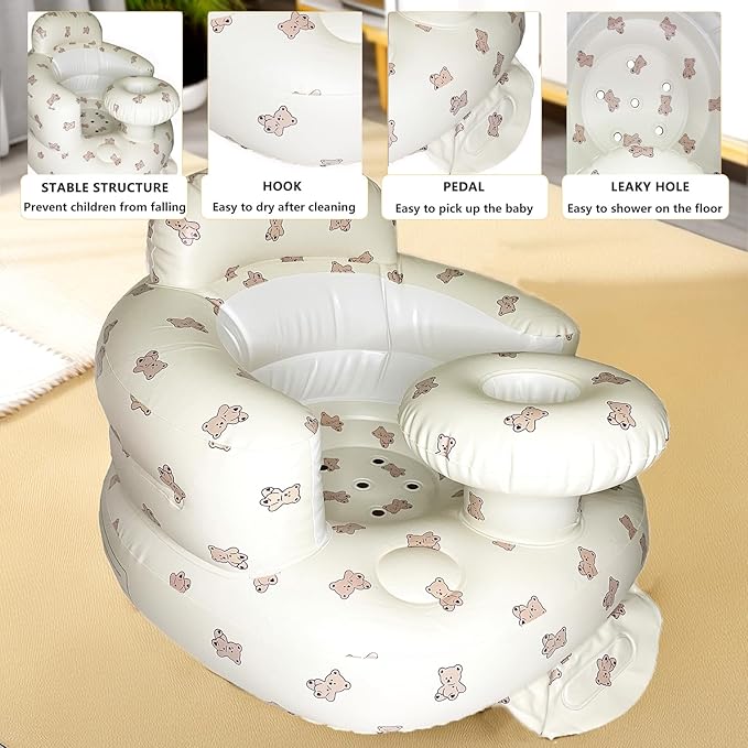 Baby Inflatable Seat for Babies 3-36 Months, Built in Air Pump, Bear Baby Support Seat Summer Toddler Chair for Sitting Up, Baby Shower Chair Floor Seater, Infant Back Support Sofa, Green-CubbioJoy