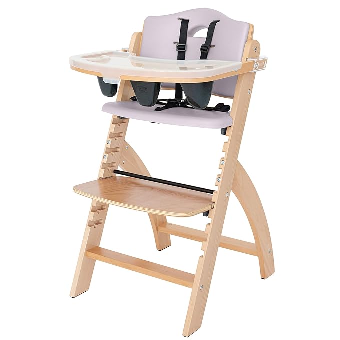 Abiie Beyond Junior Wooden High Chair with Tray - Adjustable and Convertible High Chair for Babies and Toddlers - 6 Months to 250 Lb - Water Resistant - Natural Wood with Lilac Cushion-CubbioJoy