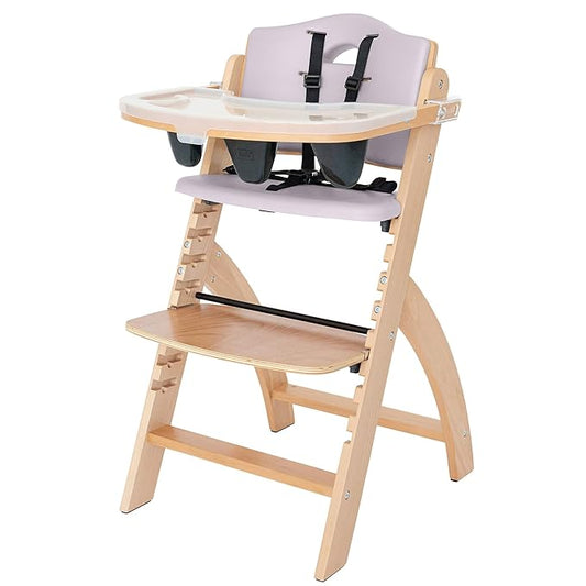 Abiie Beyond Junior Wooden High Chair with Tray - Adjustable and Convertible High Chair for Babies and Toddlers - 6 Months to 250 Lb - Water Resistant - Natural Wood with Lilac Cushion-CubbioJoy