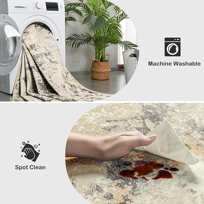 Kelarea 4x6 Rug for Living Room, Beige Washable Non-Slip Rugs, Low Pile Soft Modern Abstract Carpet for Bedroom, Kitchen, Dining Room, Classroom, Dorm, Nursery, Home Office-CubbioJoy