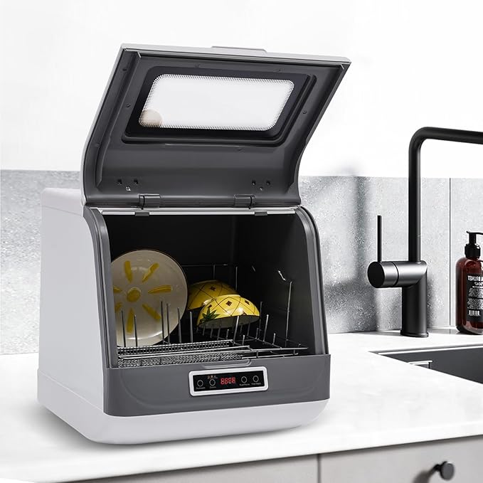 800W Portable Countertop Dishwasher, 110V Automatic Mini Dishwasher Machine with 3 Washing Programs, 360° Rotating Spray Air Drying Function for House Dorm Apartment RV-CubbioJoy