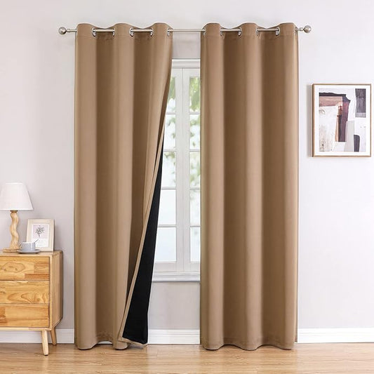 ChrisDowa 100% Blackout Curtains for Bedroom with Black Liner, 2 Thick Layers Total Blackout Thermal Insulated Grommet Window Curtains 2 Panels Set (Cappuccino, 42 x 84 Inch)-CubbioJoy
