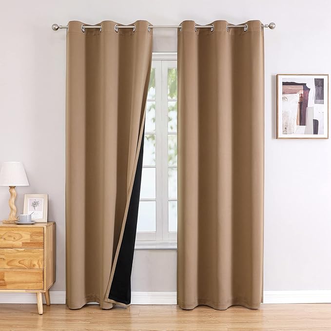 ChrisDowa 100% Blackout Curtains 72 inch Long for Bedroom with Black Liner, 2 Thick Layers Total Blackout Thermal Insulated Grommet Window Curtains 2 Panels Set (Cappuccino, 42 x 72 Inch)-CubbioJoy