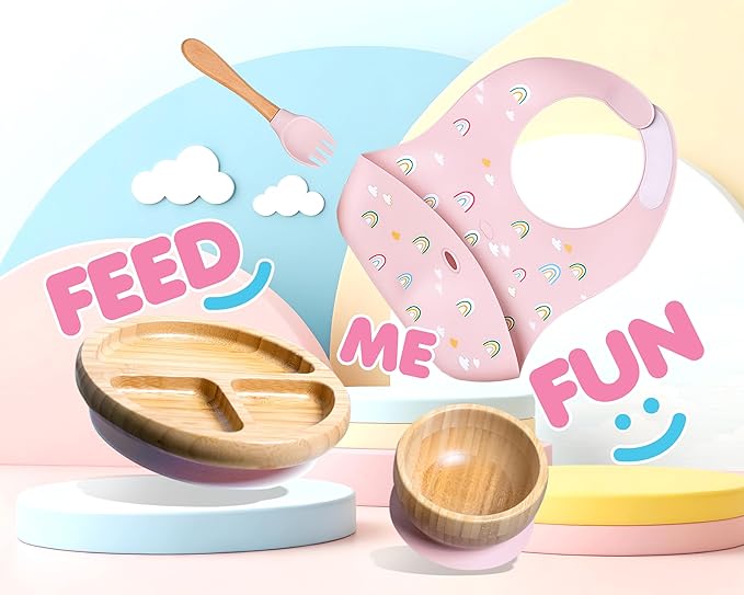 Bamboo Baby Feeding Set for Infants & Toddlers - Baby Essentials, Non-Toxic, Sustainable, Bamboo Suction Plate & Bowl, Bib, Sippy Cup w/Lid & Straw, Daily Use, Travel, Baby Shower Gifts (Pink)-CubbioJoy