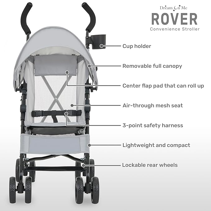 Dream On Me Rover Convenience Baby Stroller in Gray, Lightweight & Compact Umbrella Stroller, Easy one-Hand fold Travel Stroller, Lockable Rear Wheels, Removable & Adjustable Canopy-CubbioJoy
