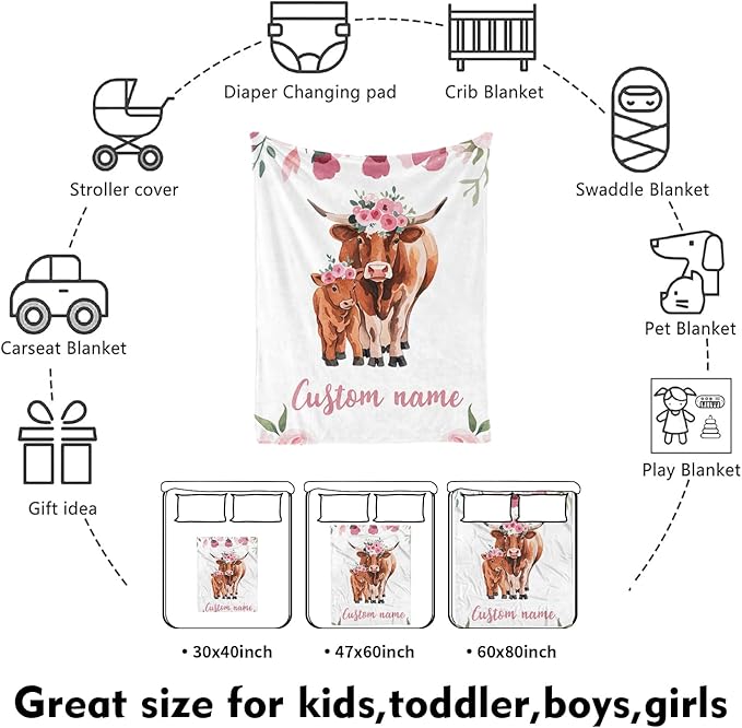 Custom Nursery Crib Bedding Set: Personalized Name 4 Piece Highland Cow Theme Baby Crib Sets for Girls - Toddler Double Layer Blanket Set, Comfortable Crib Bed Sheets for Baby Toddlers-CubbioJoy