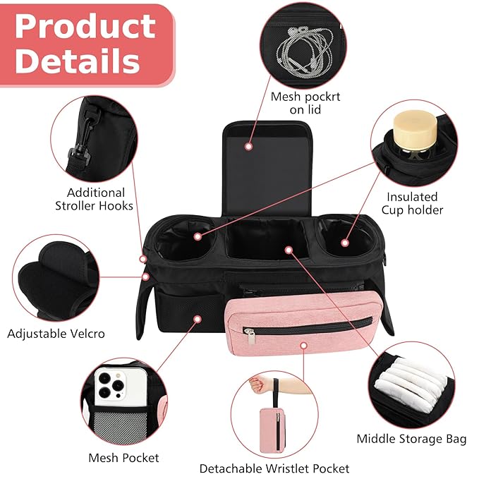 Accmor Universal Stroller Organizer with Insulated Cup Holder Detachable Phone Bag and Shoulder Strap,Stroller Bag Caddy Organizer Fits for Uppababy, Baby Jogger, Britax Strollers-CubbioJoy