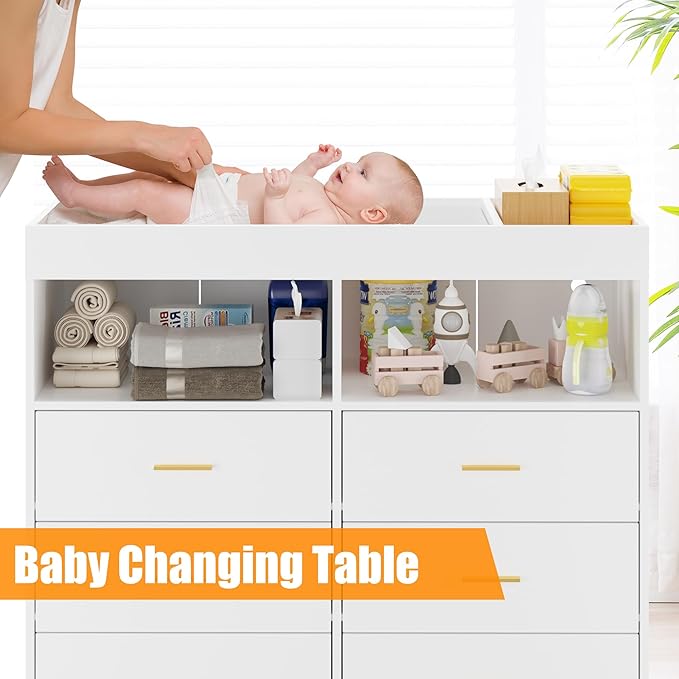 Changing Table Dresser with Drawers, Baby Dresser with Changing Table Top, Power Outlet, LED Light & Metal Feet, Diaper Changing Station Nursery Organizer for Infants Newborn, White-CubbioJoy