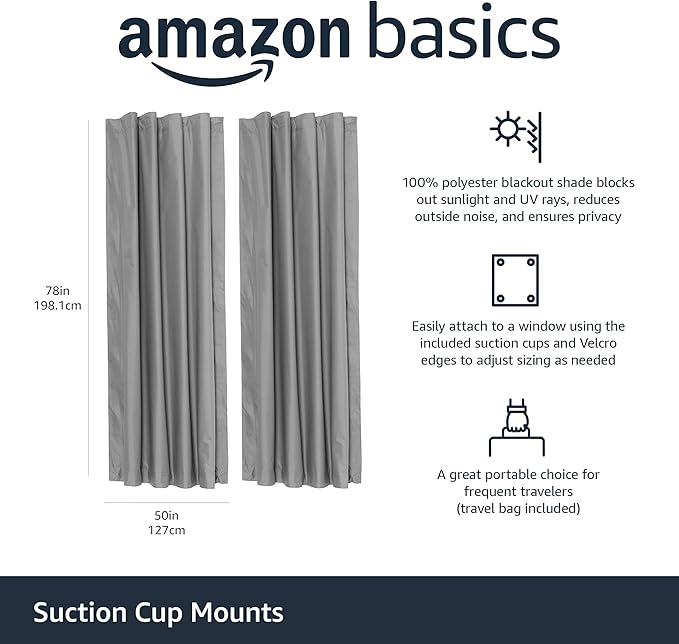 Amazon Basics Portable Blackout Curtain Shade with Suction Cups, 50"W x 78"L, 2-Pack, Dark Grey-CubbioJoy