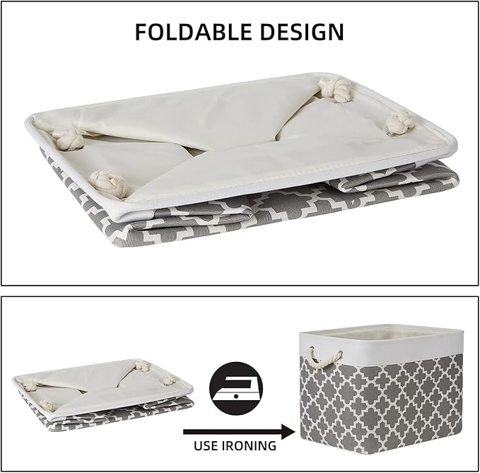 Bidtakay Large Fabric Storage Basket Set of 2 Collapsible Rectangle Basket for Shelves 16" X 11.8" X 11.8" Decorative Organizer Bins for Clothes Toys(White&Quatrefoil Grey)-CubbioJoy