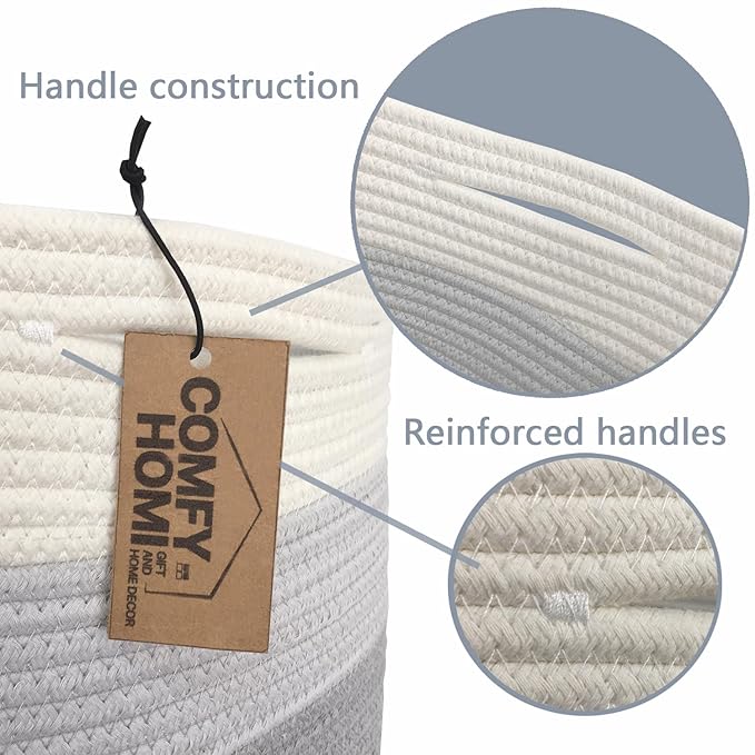 COMFY-HOMI Cotton Rope Woven Basket with Handles for Shelves,Toys,Book, Cloth Storage Baskets Bin for Organizing-13.5"x11"x9.5" Toy Decorative Organizer for Living Room, Bathroom-White/3Tone Grey-CubbioJoy