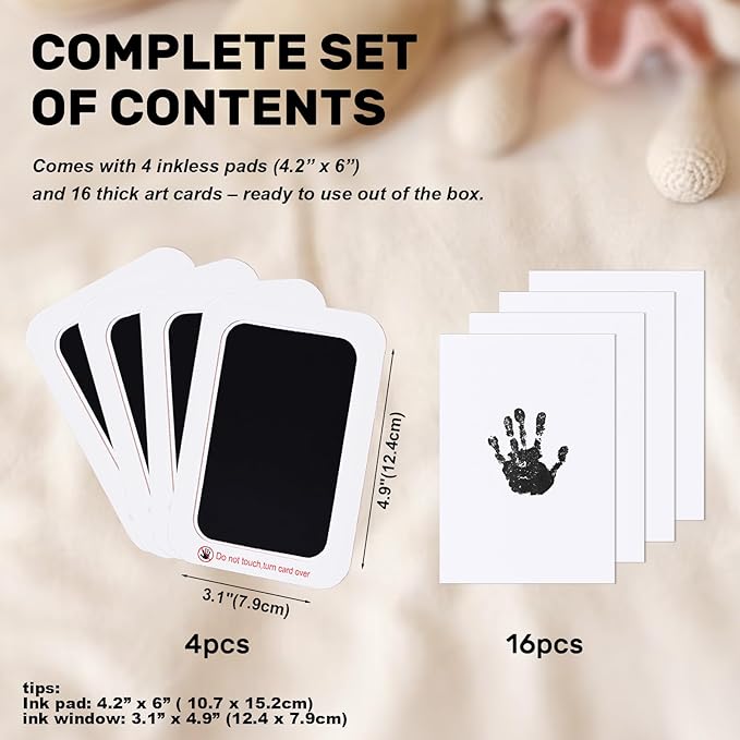 4-Pack Inkless Baby Hand and Footprint Kit with Mess-Free Ink Pad – Baby Safe Ink Pad for Hand, Foot & Paw Prints – Newborn Footprint & Paw Print Kit for Dogs and Cats – 16 Cards(Jet Black, L)-CubbioJoy