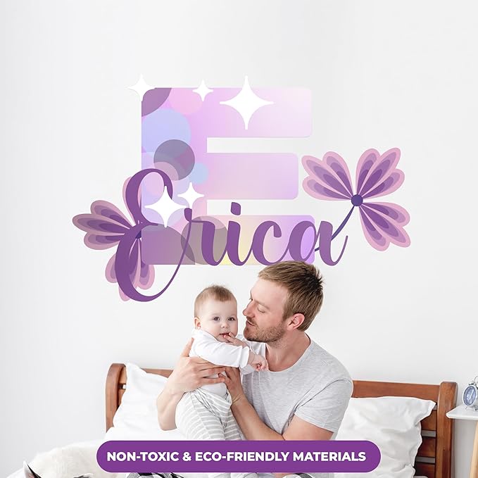 CRYPTONITE Custom Stickers Name Wall Decor with Purple Flower | Custom Name & Initial for Purple Wall Decor | Flower Wall Decals for Bedroom Decor I Custom Decal for Baby Girl Nursery Decor(E. Floral)-CubbioJoy